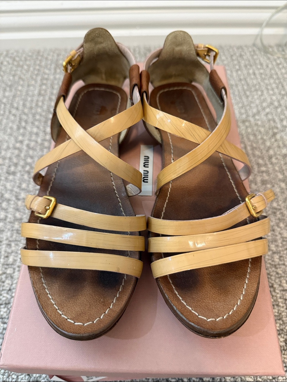 Miu Miu Nude Patent Leather Crisscross Strappy Sandals